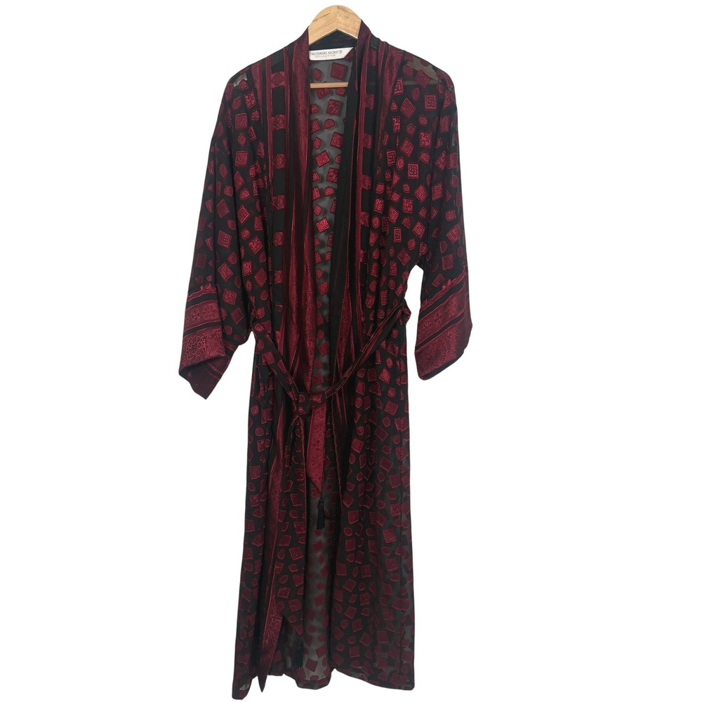 Victoria's Secret Robe Women Medium Burgundy Black Sheer Burnout Kimono Robe